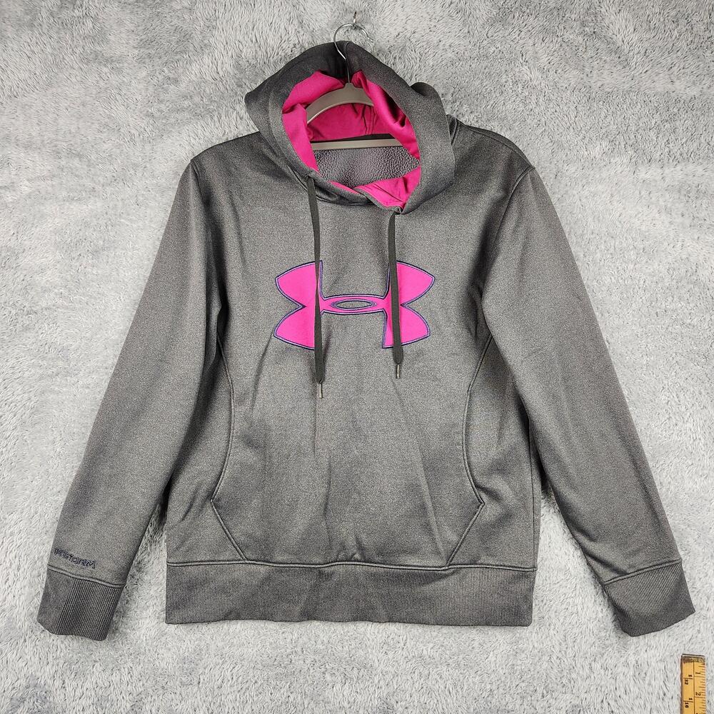 Under Armour Hoodie Womens Medium Gray Pink Storm Logo Pullover Fleece Athletic